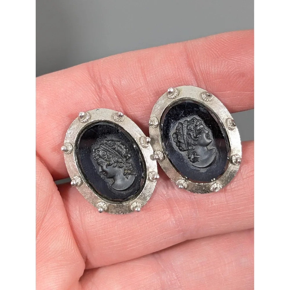 Vintage Swank Hematite Cameo‎ Cufflinks Silver Tone Gray Stone Bullet Back